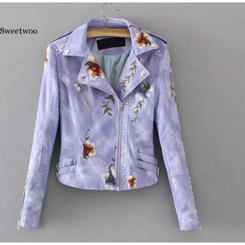 Women Floral Print Embroidery Faux Soft Leather Jacket Coat Turn-down Collar Casual Pu Motorcycle Black Punk Outerwear