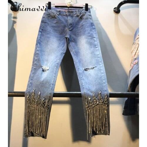 Hole Ripped Denim Pants Lady 2021 Spring Summer Clothing New Studded Fringed Drilled High Waist Jeans Girls Rhinestone Pants