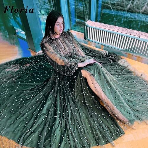 Pearls Split Slit Evening Dresses With Green Robe De Soiree 2021 Arabic Long Party Night Gowns Dubai Women Celebrity Prom Dress