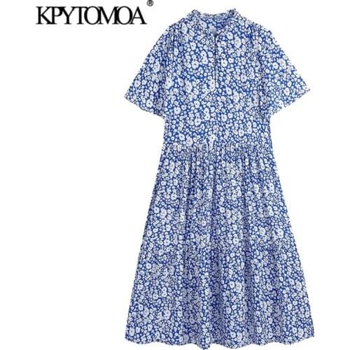 KPYTOMOA Women 2021 Chic Fashion Floral Print Ruffled Midi Dress Vintage V Neck Short Sleeve Female Dresses Vestidos Mujer