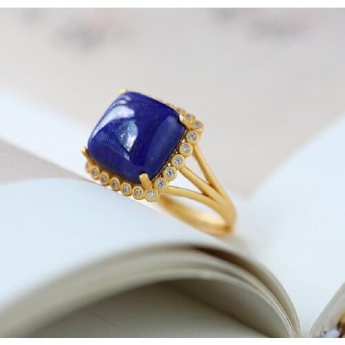 S925 Sterling Silver Gold-plated Inlaid Lapis Lazuli Geometric Square Female Temperament High-end Simple Open Ring