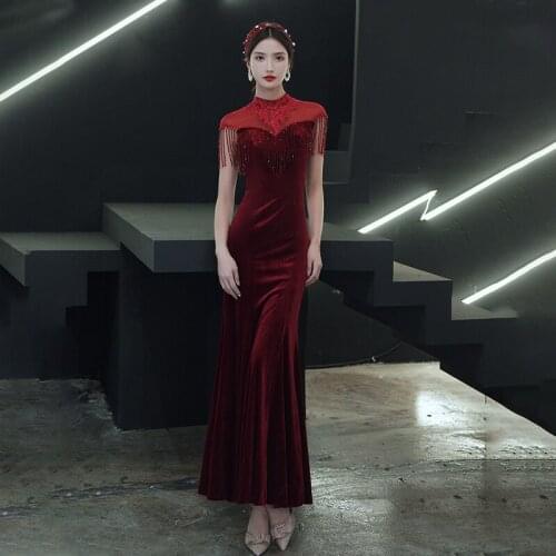 Special Occasion Dress Vintage O-Neck Sleeveless Sequined Embroidery Beading Luxury Burgundy Jersey Mermaid Lady Prom Gown E852