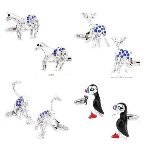 10pairs/lot Enamel Animal Cufflinks Silver Bird Penguin Horse Deer Crowned Crane Cuff Links With Blue Rhinestone Mens Jewelry