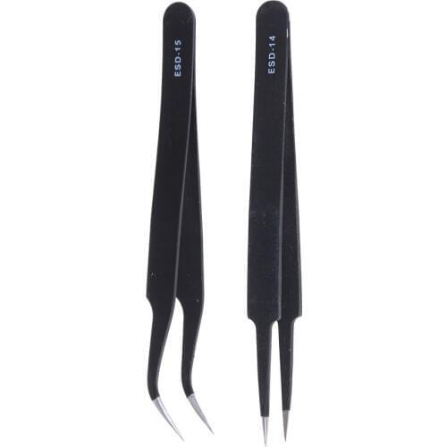 2pcs/lot Electronics Non-magnetic Steel Fine ESD Tweezer Repair Tools Anti-static Precision Tweezers Set