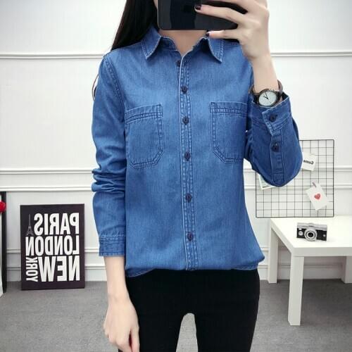 2021 Spring Autumn Denim Womens Shirts Casual Loose Plus Size Tops Mujer Long Sleeve Cotton Jean Shirt Blue Chemise Jeans Femme