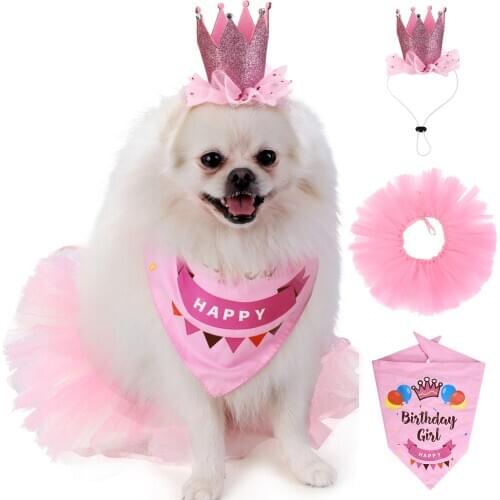 3PCS/Set Pet Tutu Skirt Cute Party Bubble Skirt Pet Costume Skirt with Pet Bib & Crown Dog Accessories for Pet Birthday Party