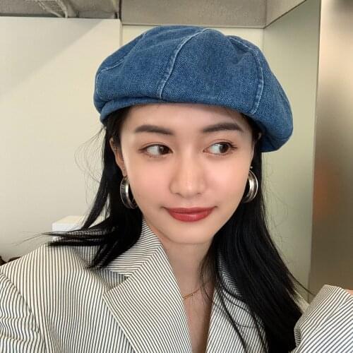 Beret Female Spring and Autumn Thin Section British Retro Solid Color Cowboy Artist Hat Japanese Casual Wild Blue Octagonal Hat