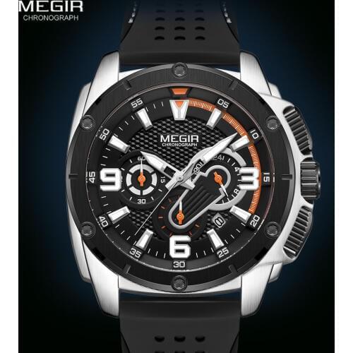 MEGIR Mens Chronograph Quartz Watches 2020 Luxury Top Brand Military Sport Wristwatch Silicone Strap Waterproof Watches Men