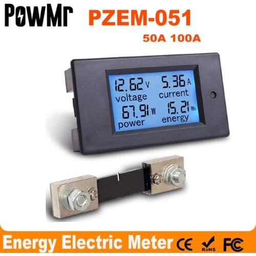 PZEM-051 DC Digital Ammeter Voltmeter 6.5-100V 4 IN1 LCD Motorcycle Voltage Current Power Energy Monitor With 50A Shunt New