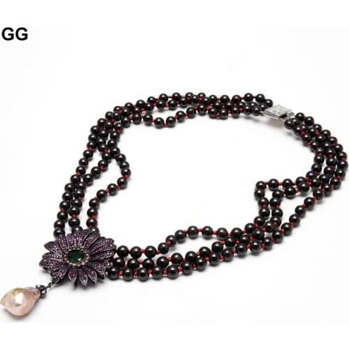 19" 3 Rows Garnet Necklace White Kehis Pearl cz Flower Pendant