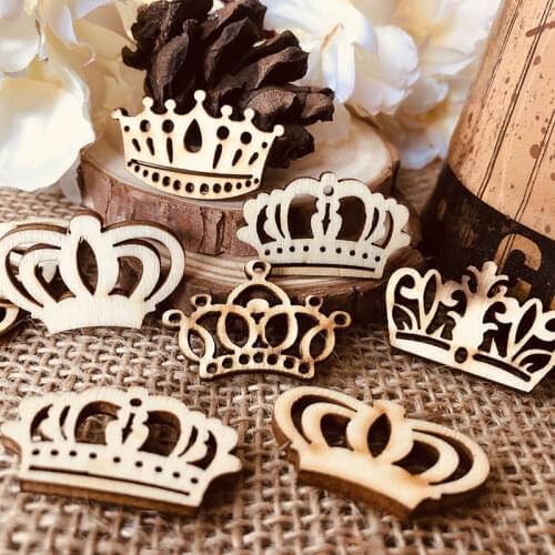 50Pcs Wood Crown Mixed Pattern Unfinished Wood Scrapbooking Craft Decoration DIY Handmade Accessory Sewing Home Decoration 33mm