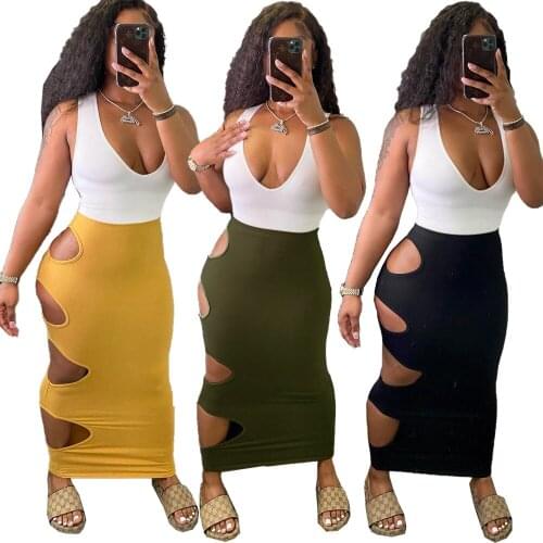 Cute Skirt Kawaii Holes Black Sexy Long Bodycon Skirt Jupe Taille Haute Femme Rokken Dames Falda Verano Spodniczka Faldas Mujer
