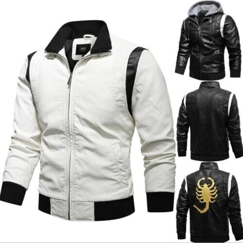 Back Scorpion Embroidered Leather Jacket Men Removable Hooded Leather Coat European Size S-3XL