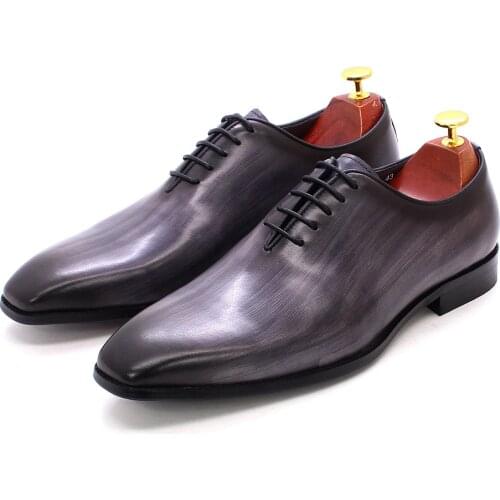 Size 47 Size 13 Mens Oxford Dress Shoes Leather Gray Brown Handmade Whole Cut Oxfords Men Shoes Wedding Formal Shoes for Men