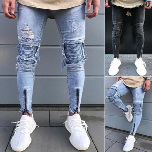 Mens Skinny Slim Fit Straight Ripped Destroyed Distressed Zipper Stretch Knee Patch Denim Pants Jeans Mens Slim Fit Jeans