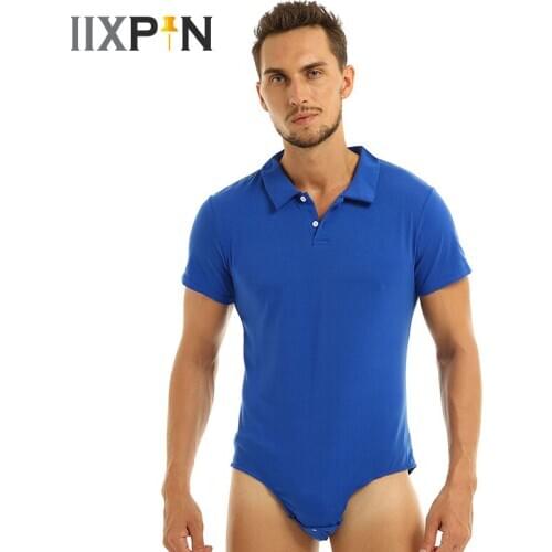 Mens One-piece Underwear Bodysuit Lingerie Short Sleeve Turn-down Collar Shirt Press Button Crotch Shirt Bodysuit Romper Pajamas