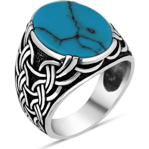 Men Silver Ring With Round Blue Raw Turquoise Stone With Chain Motif Made In Turkey Solid 925 Sterling Silver