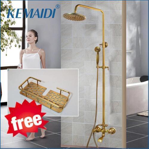 KEMAIDI Antique Brass Shower Faucets Set 8'' Rainfall Shower Head Commodity Shelf Handle Mixer Tap Swivel Tub Spout Bath Shower