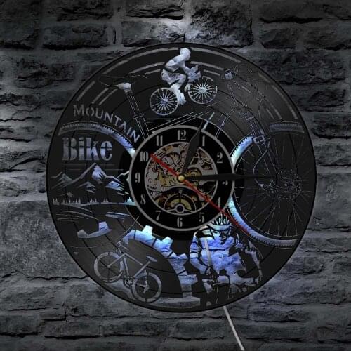 Mountain Biking Black Retro Wall Art Clock Mountain Bike Vinyl Record Wall Clock with LED Home Decor Adventure Bicycle Gift