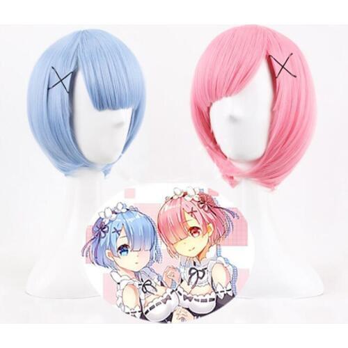 Ram Rem Cosplay Wig Blue Pink Short Cosplay Re:Life in a different world from zero Halloween Role Playing Hair