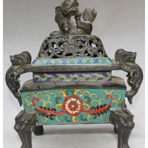 Details about 8" Marked China Cloisonne Enamel Bronze Lion Dragon Beast Incens