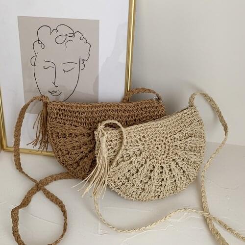 Half Round Straw Bags for Women Summer Beach Holiday Rattan Bag Handmade Woven Half Moon Crossbody Handbags Bohemia