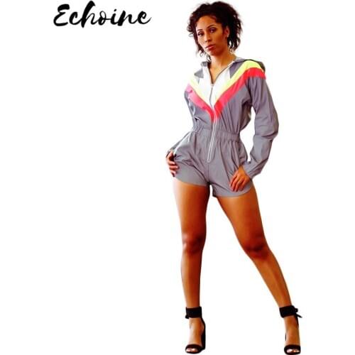 Echoine Casual Reflective Patchwork Hooded Short Jumpsuit Front Zipper Long Sleeve Slim Waist Playsuit With Pockets Overalls