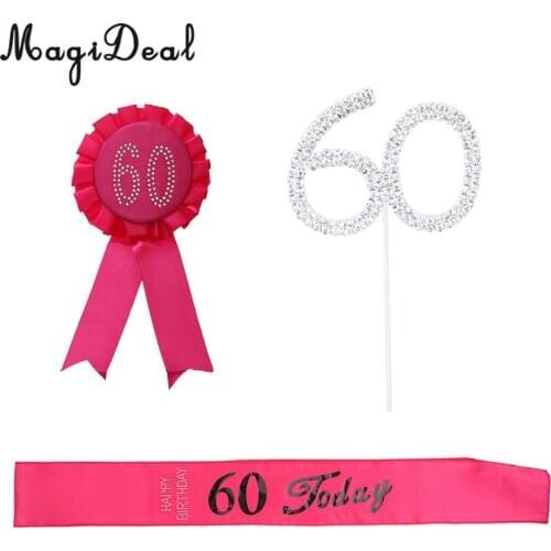 Rose 60th Birthday Anniversary Satin Sash & Rosette & Crystal Cake Topper Party Decor