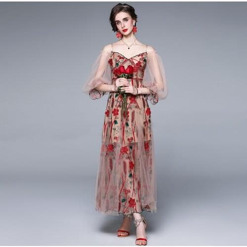 Floral Embroidery Summer Long Dress Women Square Collar Party Dress Plus Size Red Cold Shoulder Backless Lantern Sleeve k6713