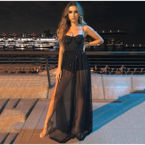 Sexy Black Tulle Evening Dresses 2021 Spaghetti Straps Sweetheart Side Slit A-Line Short Pants Party Prom Gown Floor Length