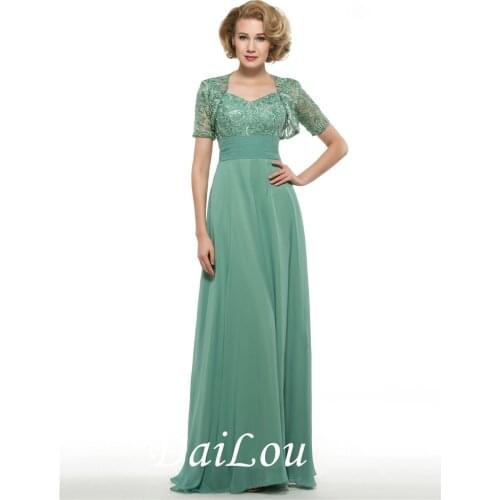 A-Line V-Neck Floor-Length Chiffon Lace Mother of the Bride Dress with Shot Sleeve Jacket 2021