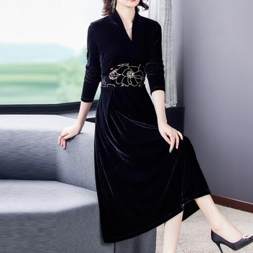 Spring Autumn High Quality Black Gold Velvet Midi Dress Casual Vintage 4XL Plus Size Dress Women Elegant Bodycon Party Vestidos