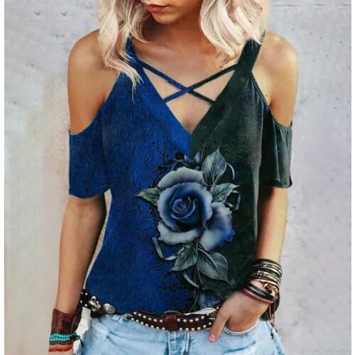 2021 Fashion Street Hipster Summer Casual V-neck Gothic Rose Print Short Sleeve Loose T-shirt Pullover T-shirt Female Plus Size