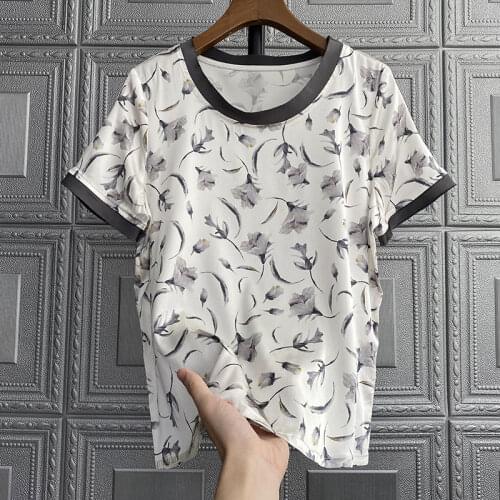 Women Blouse Ladies Tops Collar Printed mulberry silk round neck short-sleeved silk shirt women