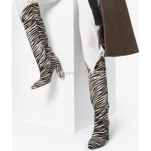New Zebra Horse Hair Chunky Heel Long Boots Women Sexy Pointed Toe Knee High Boots Lady Large Size Banquet Shoes Dropship