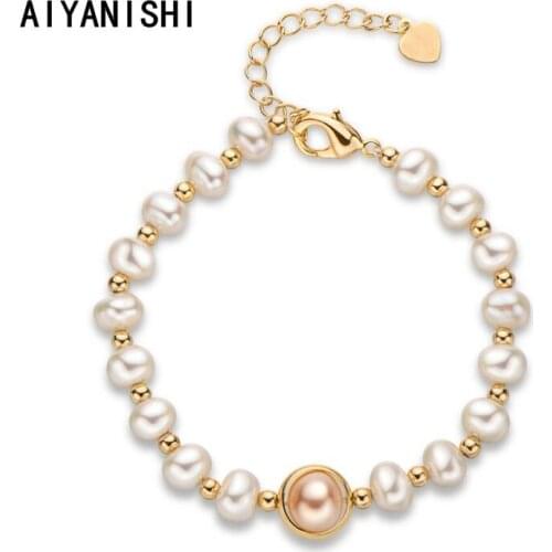 AIYANISHI 18K Gold Filled Charm Bracelet 5.5-8mm Natural Freshwater Pearl Charm Bracelet Women Wedding Party Oval Pearl Jewelry
