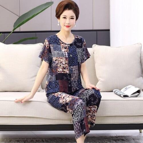 Plus Size XL-4XL Women Cotton Pajamas Set 2PCS Print Short Sleeve&Pant Sleep Suit Mother Pyjamas Sleepwear Summer New Nightwear