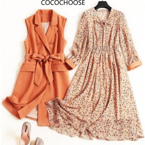 New 2019 autumn womens chiffon dress suit bow collar print a-line dresses double breasted long vest two piece set plus size