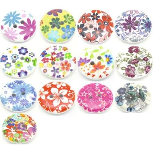 50pcs 15mm Craft Flower 2 Holes Round Sewing Buttons Random Multicolor Wooden Sweater Embroidery Scrapbooking decorate Diy