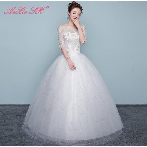 AXJFU princess white flower lace wedding dress turkey love golden and white lace boat neck half sleeve party bride wedding dress