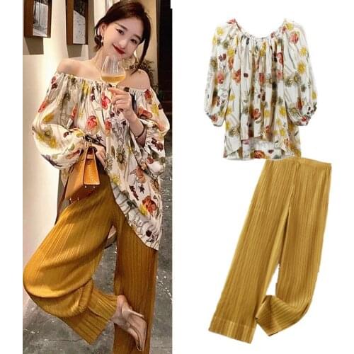Bohemian casual female summer and spring retro floral print twill collar blouse top loose open front thigh pants suit suit NS995