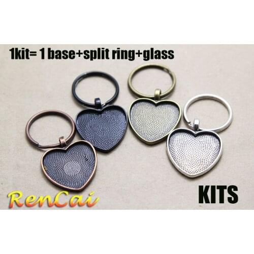 10kits 1inch Heart Blank Pendant Key Chains Pendant Trays With Glass Cabochons For DIY Cabochons Cameo Key Chain Making
