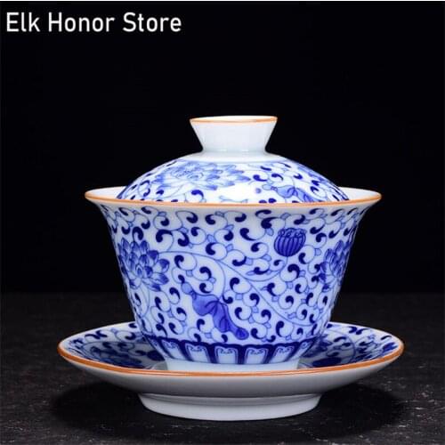 210ml Retro Blue And White Porcelain Sancai Gaiwan Teacup Ceramic Tea Bowl Chinese Porcelain Teaware Gifts Drinkware