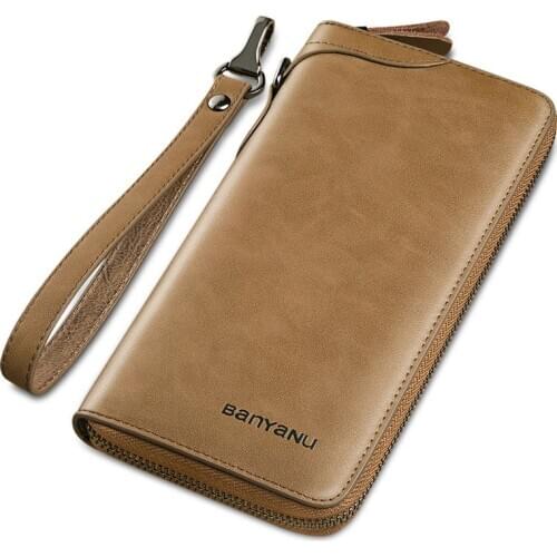 Business Soft Genuine Leather Purse Long Mens Clutch bag Wallet Black Brown Wrist strap Wallets Male Card Holder Coin Bags New