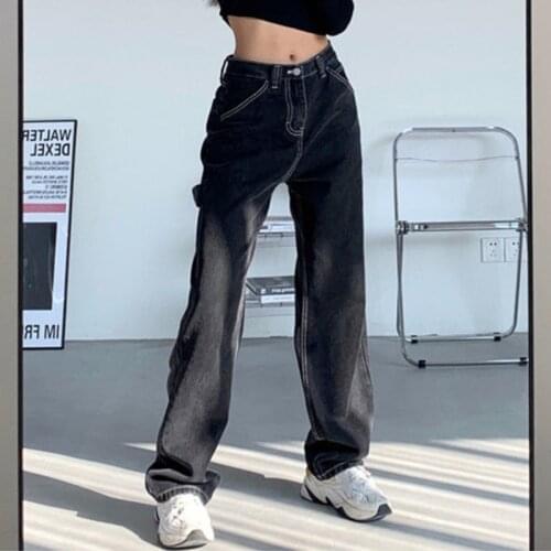 Spring Vintage Women Jeans Streetwear High Waist Boyfriend Black Wide Leg Mom Woman Jeans Straight Denim Pants