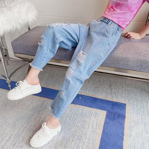 Girls hole jeans spring summer new teenage girl loose denim pants kids trousers children clothing for 6-16year