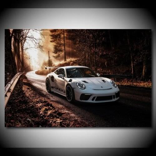 Canvas Wall Art Paintings Supercars Porsches 911 GT3 RS White Car Forest Picture HD Print Vehicle Posters for Living Room Decor
