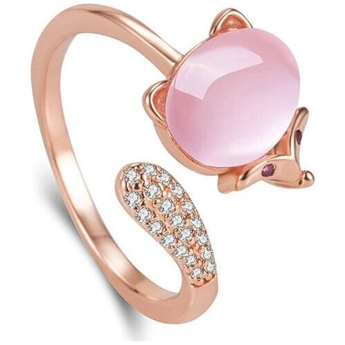 Korean version of sweet micro diamond fox ring female hibiscus stone ring cute animal ring niche hand jewelry