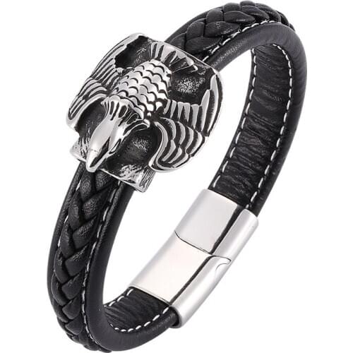 Fashion Eagle Bracelet For Men Jewelry Black Leather Bracelets Stainless Steel Magnetic Buckle Punk Bracelet SP0189