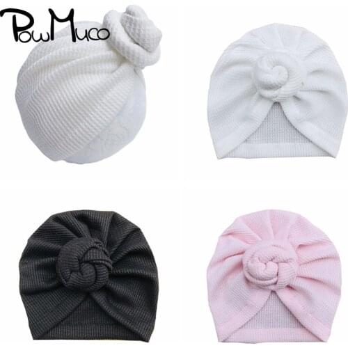Powmuco Soft Comfortable Knitting Baby Girls Turban Hat Solid Color Handmade Knotted Newborn Caps Kids Accessories Photo Props